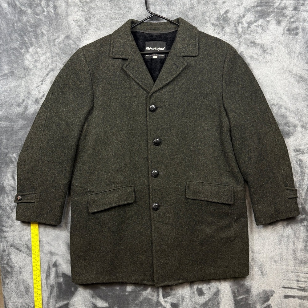 Stratojac Wool Car Coat Mens 42L Green Vintage Faux Fur Lined Union Made Jacket